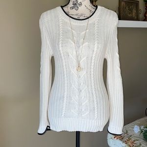 Creme ribbed sweater with black leather trim